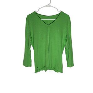 Lauren Ralph Lauren Green Ribbed Cotton V-Neck Top With Lettuce Hem Size L